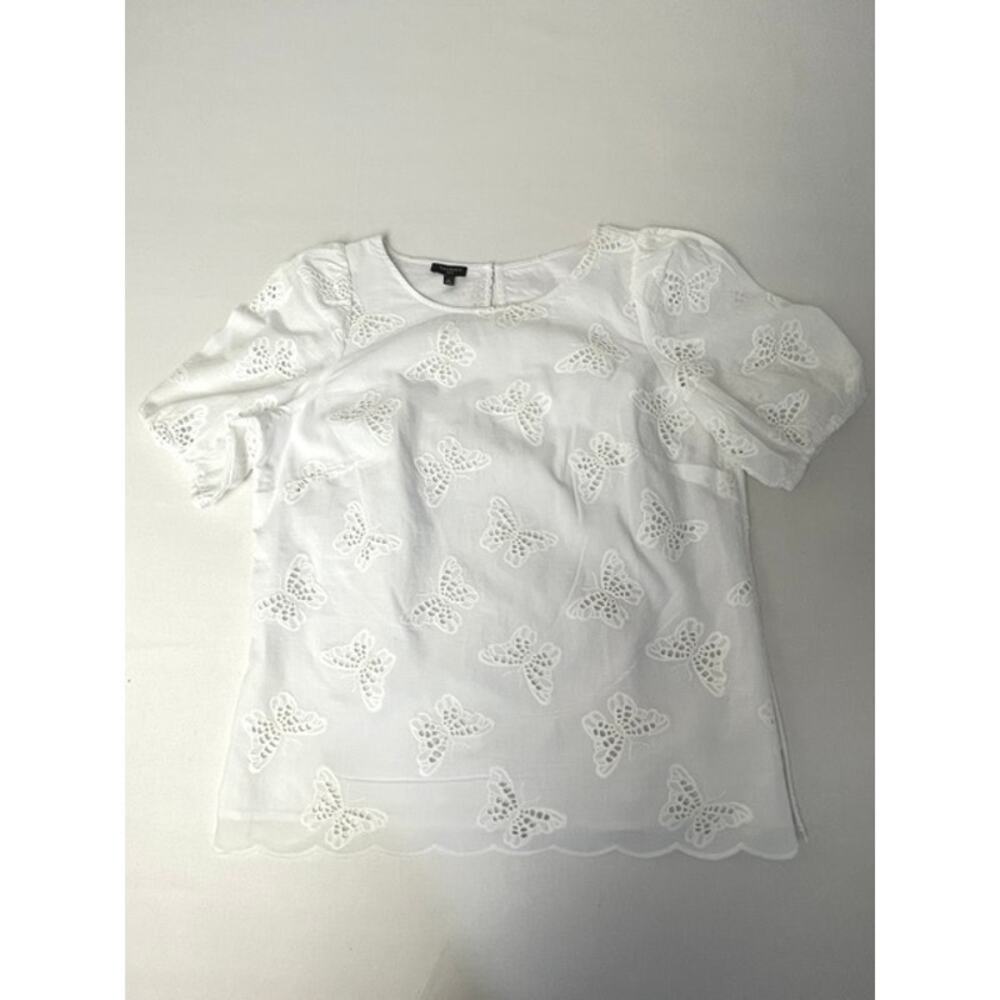 Talbots Petite White Butterfly Embroidered Cotton Blouse Puff Sleeve MP